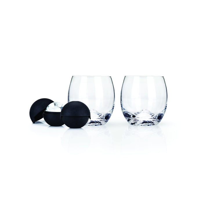 True Whiskey Glass & Ice Sphere Set, 2 Whiskey Tumblers, 1 Ice Sphere Mold, Bourbon  Glass Set 